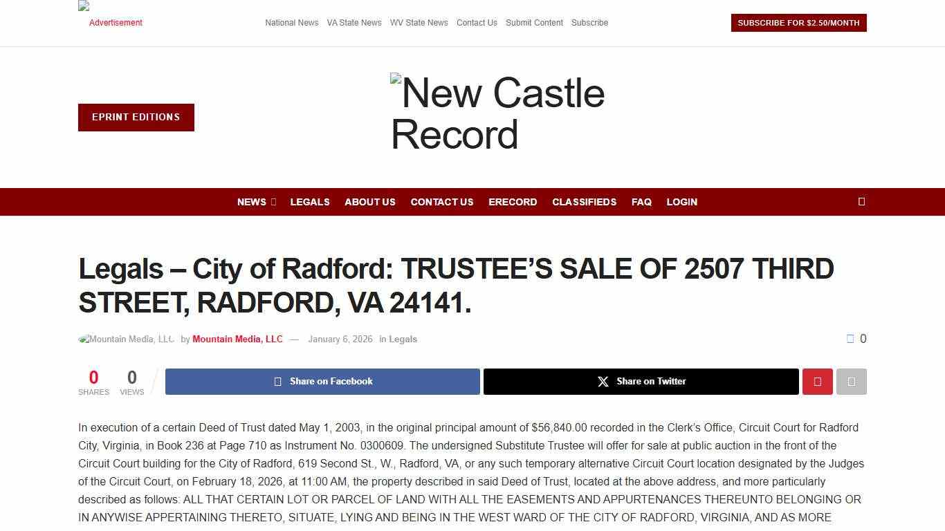 Legals – City of Radford: TRUSTEE’S SALE OF 2507 THIRD STREET, RADFORD, VA 24141. – New Castle Record
